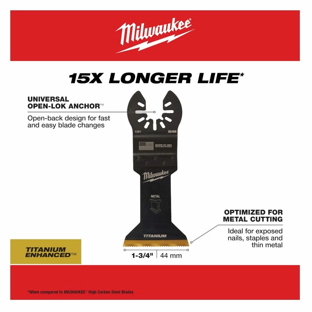 Milwaukee® Open-Lok™ 1-3/4" Titanium Enhanced Bi-Metal Metal Blade, 1 Pack - 49-25-1261 - Blades & Knives 7 Milwaukee® Open-Lok™ 1-3/4" Titanium Enhanced Bi-Metal Metal Blade, 1 Pack - 49-25-1261 - Blades & Knives - Image 5