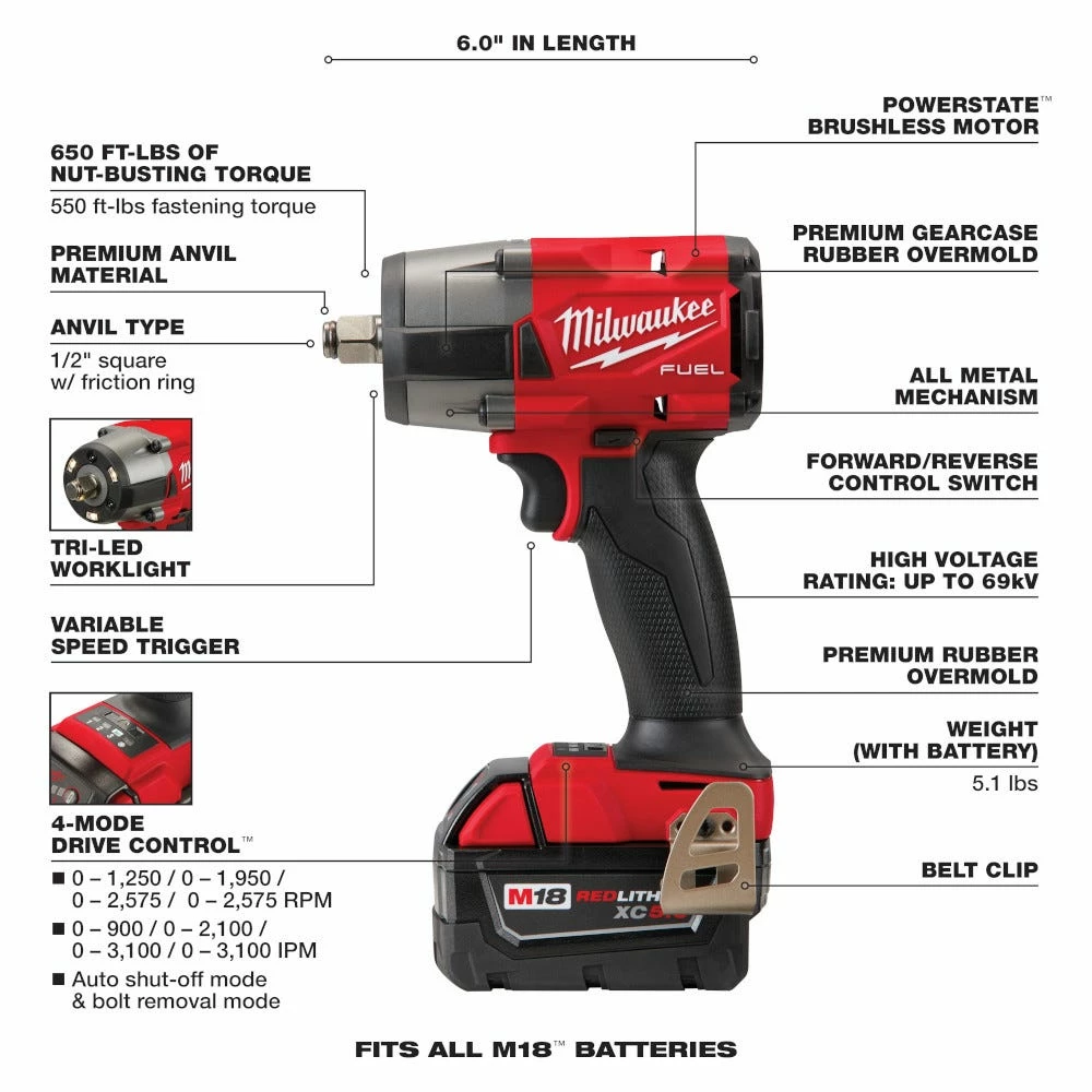 Milwaukee M18 FUEL™ 1/2 Mid-Torque Impact Wrench with Friction Ring Kit - 2962-22 - Wrench & Wrench Sets 4 Milwaukee M18 FUEL™ 1/2 Mid-Torque Impact Wrench with Friction Ring Kit - 2962-22 - Wrench & Wrench Sets - Image 2