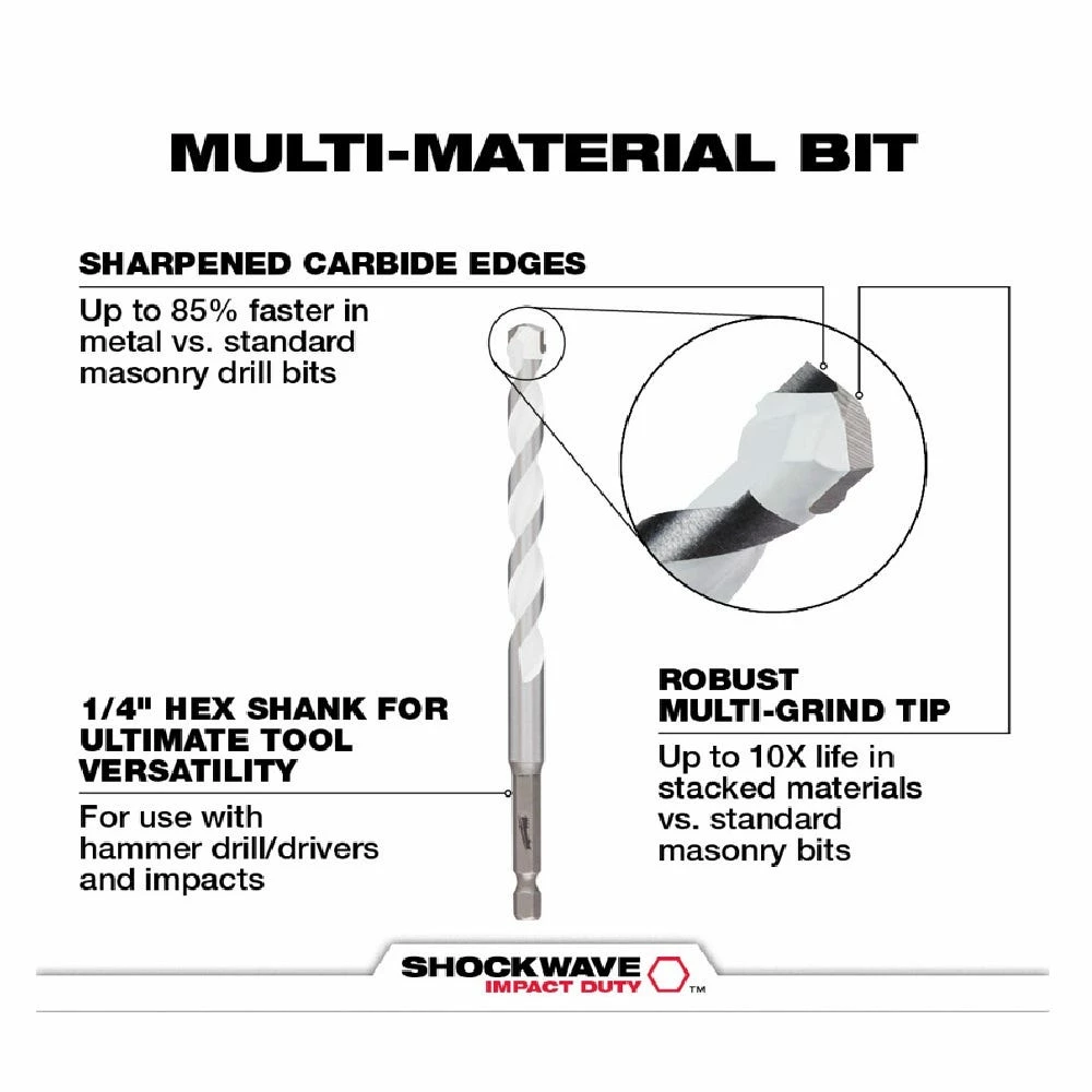 Milwaukee 1/4" x 4" x 6" Shockwave™ Carbide Multi-Material Drill Bit - 48-20-8886 - Power Tool Accessories 5 Milwaukee 1/4" x 4" x 6" Shockwave™ Carbide Multi-Material Drill Bit - 48-20-8886 - Power Tool Accessories - Image 3