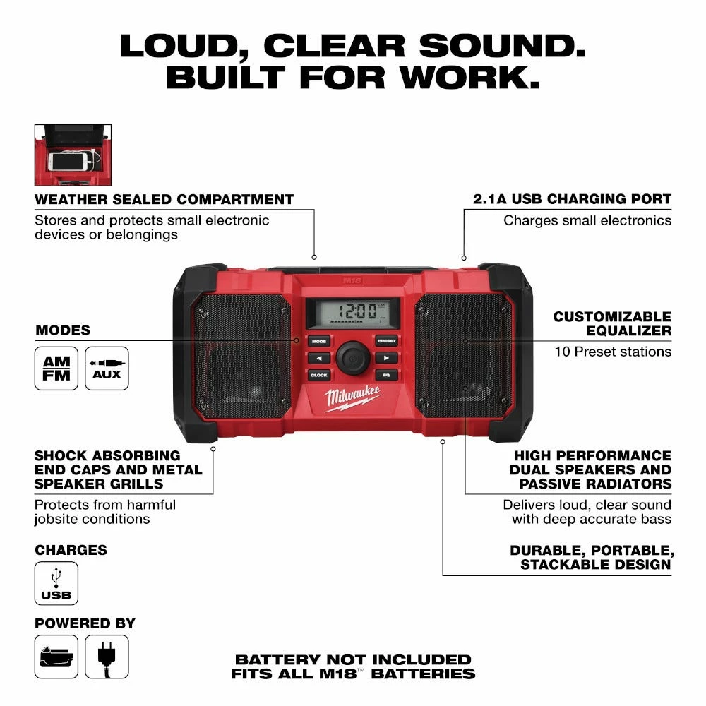 Milwaukee M18 18-Volt Lithium-Ion Cordless Jobsite Radio - 2890-20 - Radios 4 Milwaukee M18 18-Volt Lithium-Ion Cordless Jobsite Radio - 2890-20 - Radios - Image 2